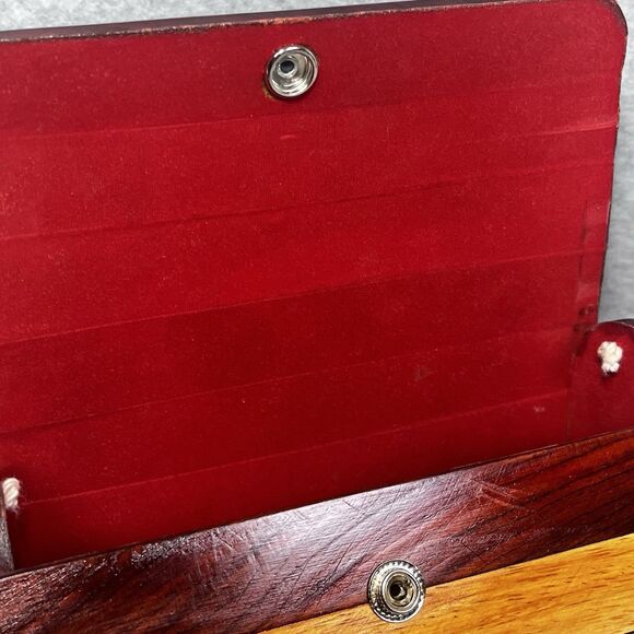 Vintage 70s Wooden Slat Shoulder Bag Small Size Two Tone Lined Snap Button Boho - Picture 7 of 15